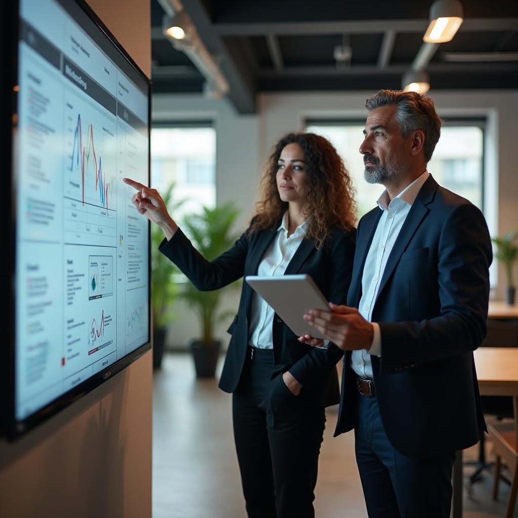 Marketing analyst pointing at attribution data on a dashboard screen during a review session